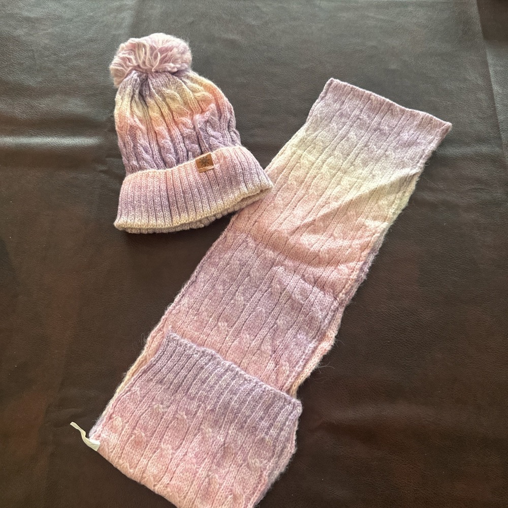 Girls Kids Pink Purple Knit Winter Hat Scarf Set Pom Pom Cable Knit 2 Piece